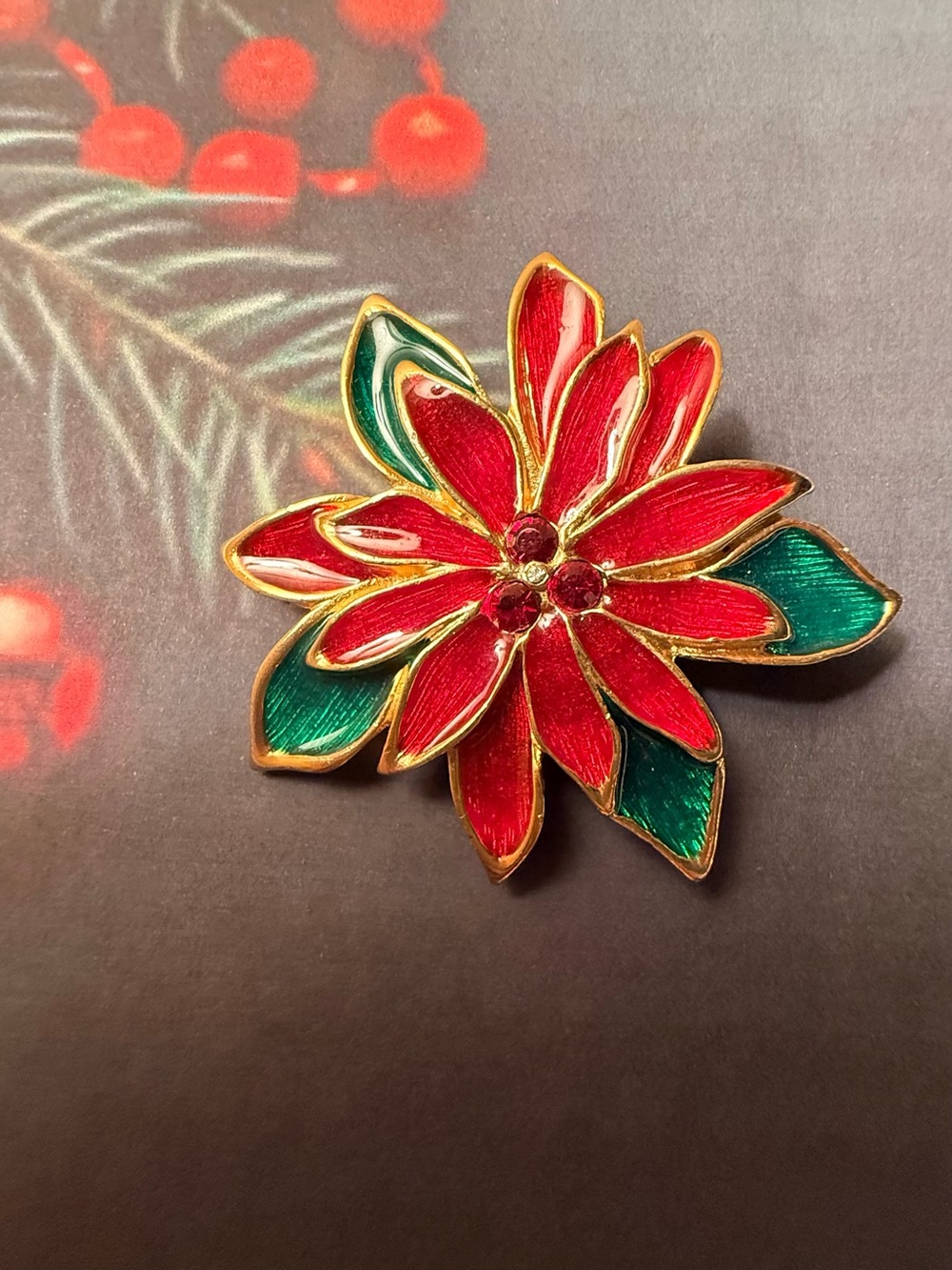 Red & Green Poinsettia Flower Brooch - Women's Holiday Accessory